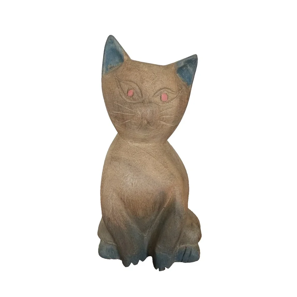 Hand Carved Wooden Cat Vintage Gray Feline Figurine 7